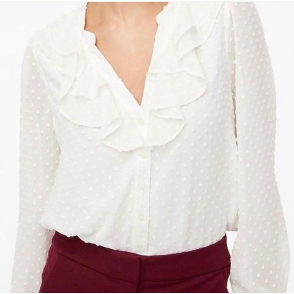 J.Crew Re-Imagined Ivory Swiss Dot Ruffle V-Neck Blouse Long Sleeve Pink XS